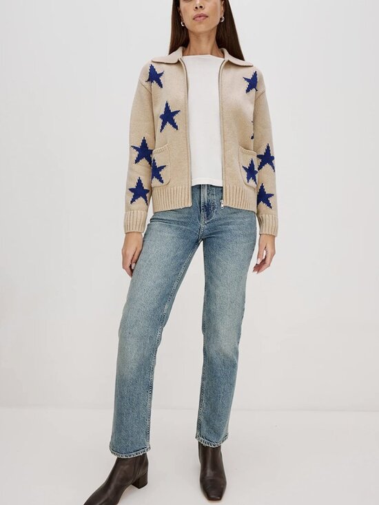 RAILS Womens Rhea Sweater Small Camel Cobalt Stars Full Zip Cardigan Wool Blend - Picture 3 of 15